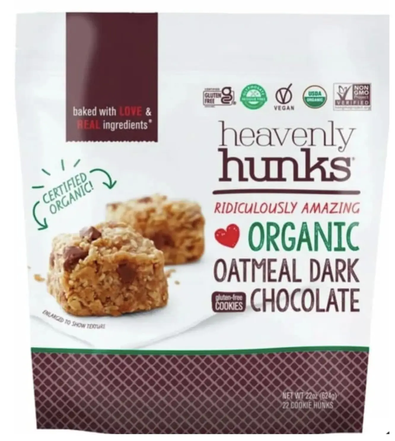 Hunks Organic Oatmeal Dark Chocolate Cookies, Gluten Free, Vegan, 22oz