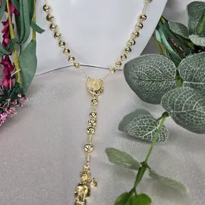 14K Gold Plated Beaded Rosary, 3mm Beads, 13" Long, with Santa Muerte Pendant
