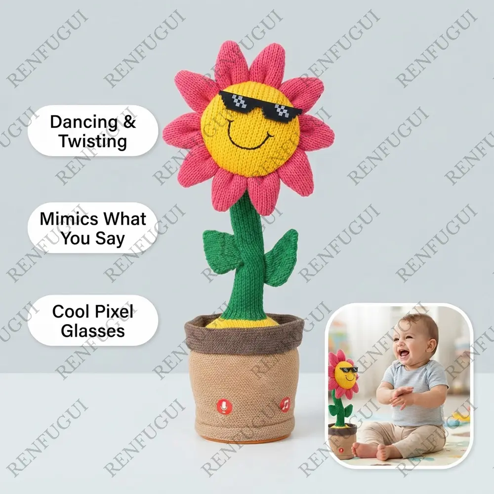 RENFUGUI Dancing Sunflower Plush Toy, Knitted Singing & Mimicking Flower Toy with Sunglasses, Electric Wiggling Musical Plush Toy for Kids Baby Home Desk Decor