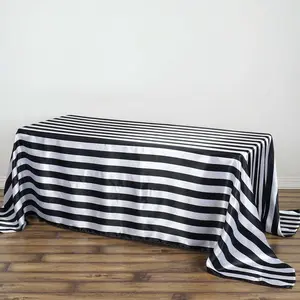 Satin Rectangle Tablecloth 90"x132" Black/White Striped Design - Durable & Seamless Table Cover for Modern Tablescapes