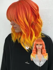 Lehanhair 14 inch Colorful Medium Long Curly Wave Wig with Bangs for Women, Heat Resistant Fiber, Natural Look, Comfortable Wear, All Seasons, Natural Looking Wig