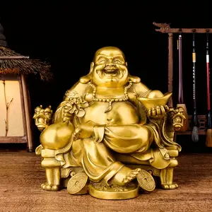 Resin Buddha Statue, Blessing and Happiness Symbol, Laughing Buddha Sitting on Imperial Dragon Chair, Brass Buddhist Sculpture Home Decor, Religious Home Decor