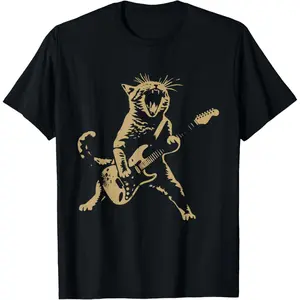 Cat Playing Guitar Rock Star Rock and Roll Men Women T-Shirt