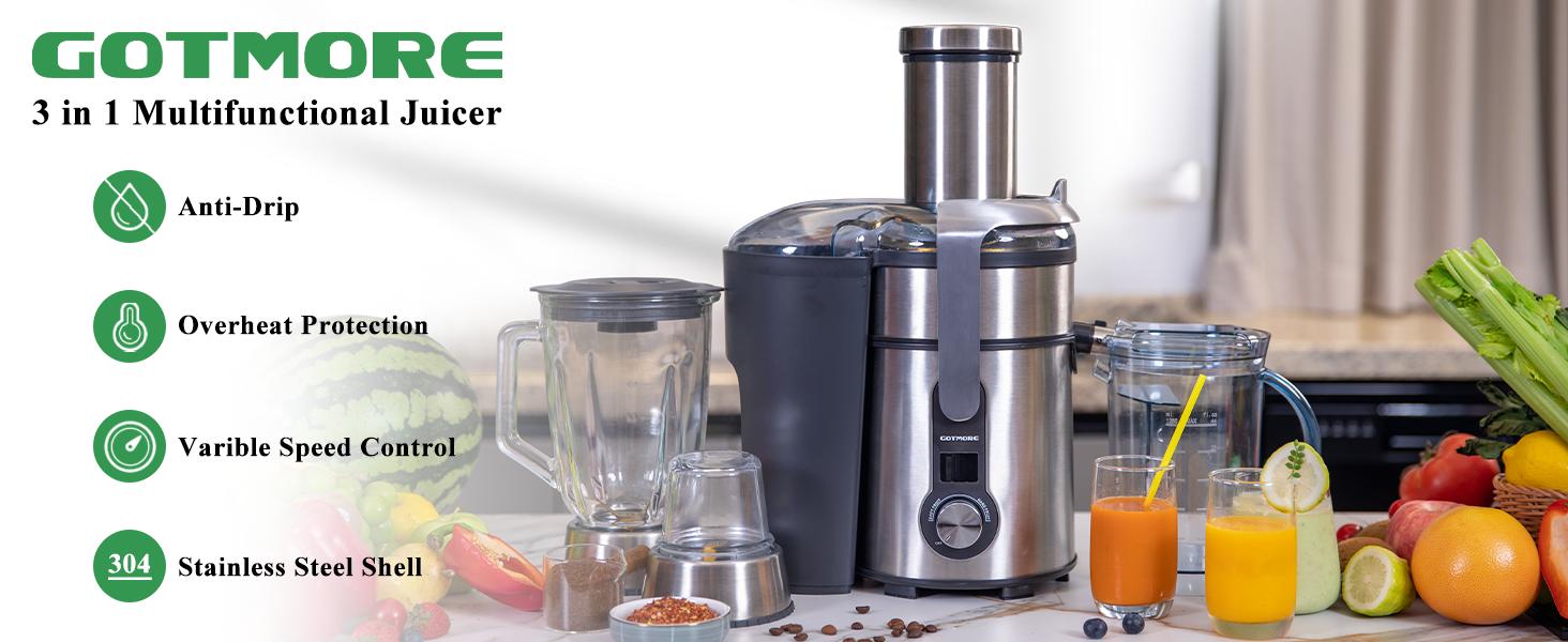 GOTMORE Juicer Machine, Blender & Grinder Combo 3 in 1 for Smoothies, Juice & More 1300W Centrifugal Juice Extractor with 5 Speeds LCD Screen