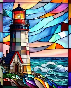 5D DIY Full Drill Diamond Painting Kit Stained Glass Lighthouse Ocean Scenery Art Craft for Adults Home Wall Decor