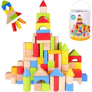 Building Blocks for Toddlers 1-3, 100 Pcs Wooden Blocks - Includes Storage Bucket and Shape Sorter Lid - Montessori Wood Block Gifts For Preschool Boys & Girls