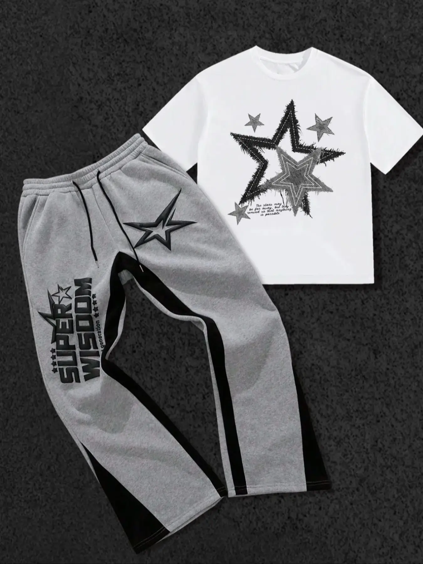 This men's two-piece set includes a Graphic star-print T-shirt and a pair of Fitted trousers. The crew neck short-sleeved T-shirt and slim-fit trousers are made of knitted fabric, suitable for everyday, athletic wear and all seasons. Menswear