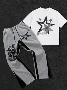 This men's two-piece set includes a Graphic star-print T-shirt and a pair of Fitted trousers. The crew neck short-sleeved T-shirt and slim-fit trousers are made of knitted fabric, suitable for everyday, athletic wear and all seasons. Menswear