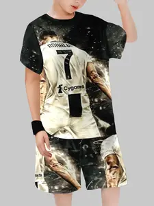 Boys Juventus Cr7 Starburst Effect Short Sleeve Set, Cool Football Player Print Shorts, Summer Casual Kids Clothing Two-Piece