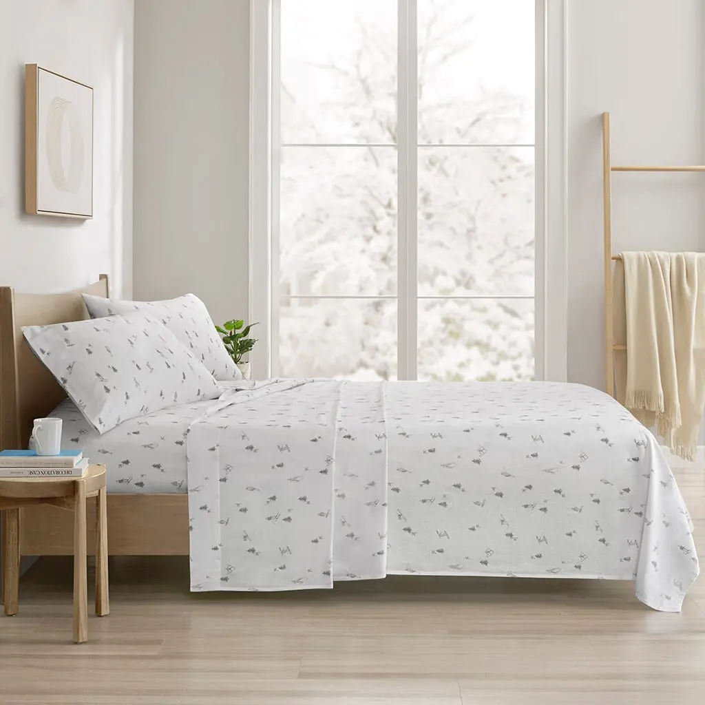 Twin Size Bedding Sheet Set - 360-Stand, 66x96x0.13 in Cozy Cotton Flannel Printed Fitted Complete Set, Gray Skiers Aesthetic Neutral Decorative Bedding Collections for Cozy Setup, TN20-0510, Complete Sheet Set
