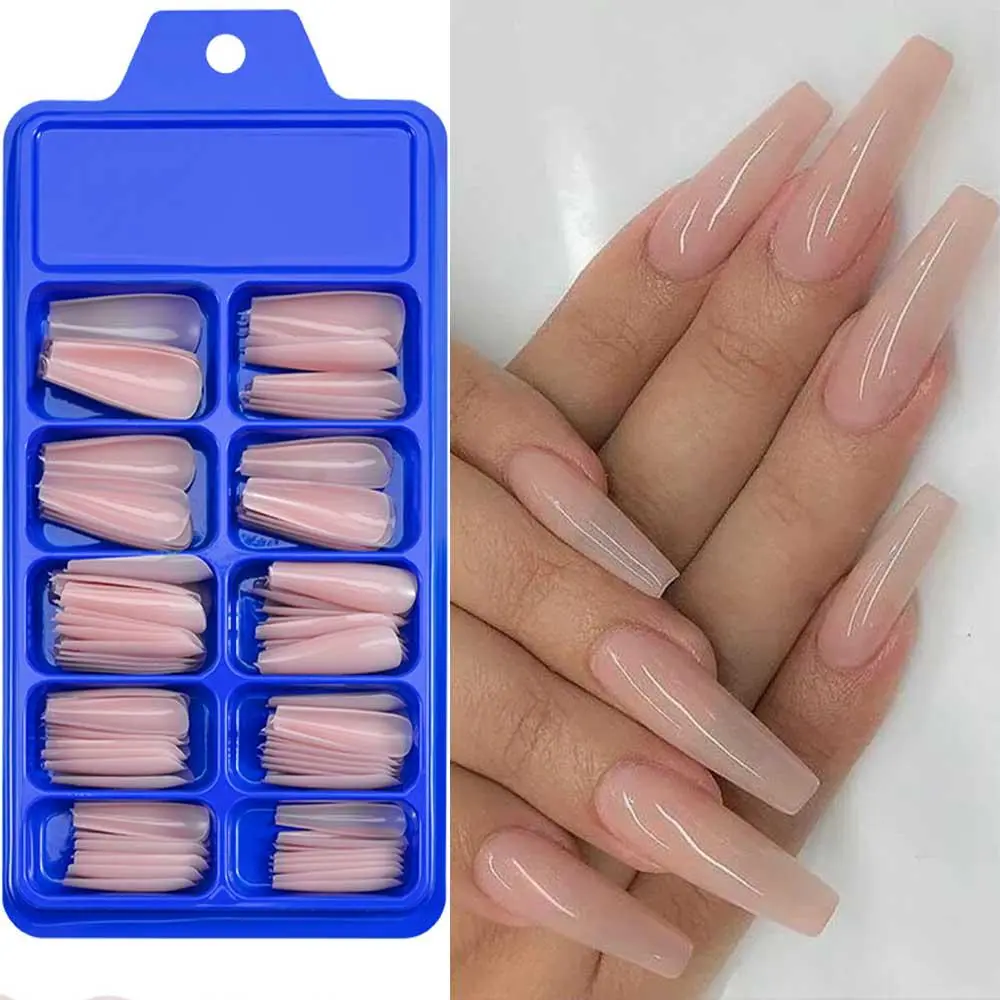 100pcs Nude Pink False Nail Press On Nails Acrylic Extension Coffin Forms Nail Tips Artificial Long Full Cover Fingernails Tools