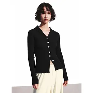 URBAN REVIVO Lady's Fitted Knitting Cardigan - 2026 Viral Large Collar, Longsleeves, Basic Casual Plaid Polyester-Wool Blend Fabric Tops, Women's Knitwear