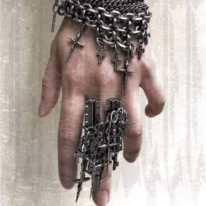 Dark Gothic Multi-Chain Cross Spike Ring Edgy Street Rock Punk Irregular Metal Statement Jewelry