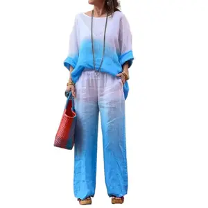 Women's Soft Two Piece Set Blue White Ombre Print Loose 3/4 Sleeve Top and Wide Leg Pants Comfy Boho Casual Outfit Lightweight Breathable Fashion Personalized and Trendy Womenswear
