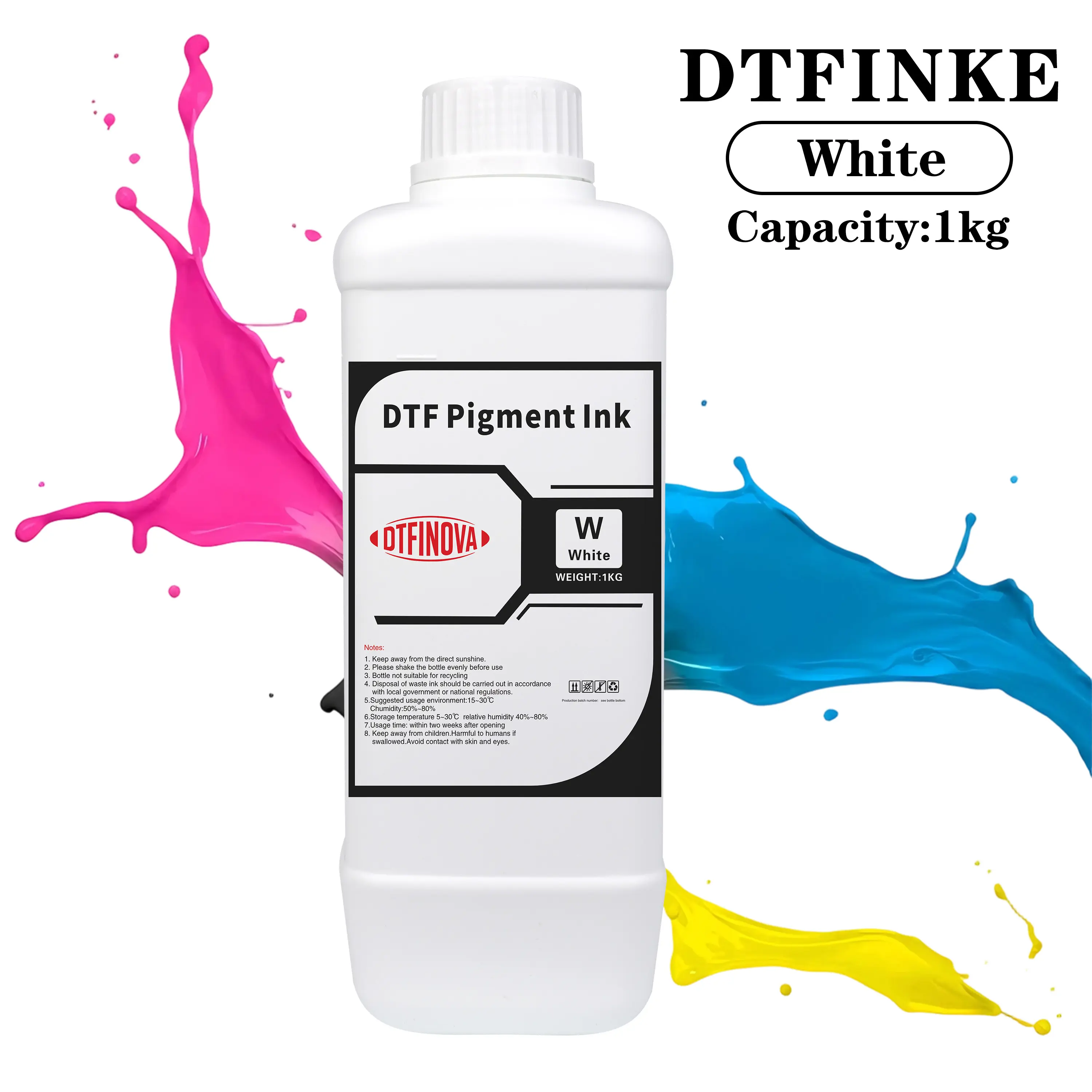 DTFINOVA 1KG DTF Ink for T-Shirt Printing, Premium Pigment Ink CMYK + White, High Color Output, Smooth Flow & Long-Lasting Performance