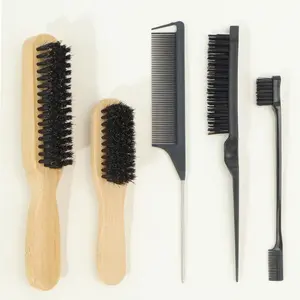 Wooden Handle Boar Bristle Hair Brush & Comb, Premium Hair Brush, Hair Styling Brush, Oil Head Brush, Flyaway Hair Cleaning Brush, Heatless Styling Tools