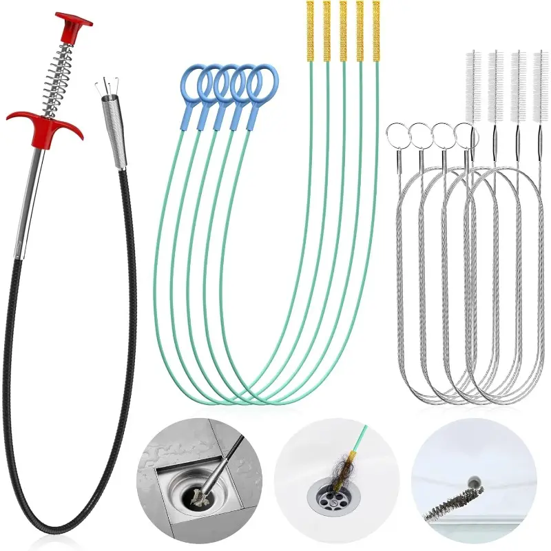 35.5 inch Drain Clog Remover with 4 Clawsx1,30 inch Anti-Break Steel Sink Drain Snake x5 and 59 inch Cleaning Brushx4, 10 in 1 Drain Cleaner Tool Set for Shower,Toilet, Bathroom Sink Tub
