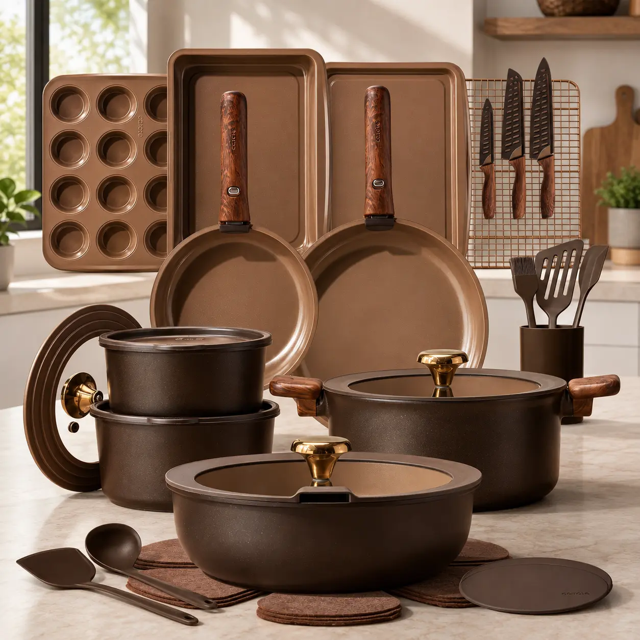 36-Piece Ceramic Cookware Set, Nonstick Pots and Pans with Detachable Handles, Bakeware & Knife Set