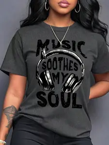 Women's Music Soothes My Soul Letter Print Round Neck Fitted Graphic Fabric Tee, Vintage Trendy Casual Headphone Graphic Tee, Women's Top for Daily Wear
