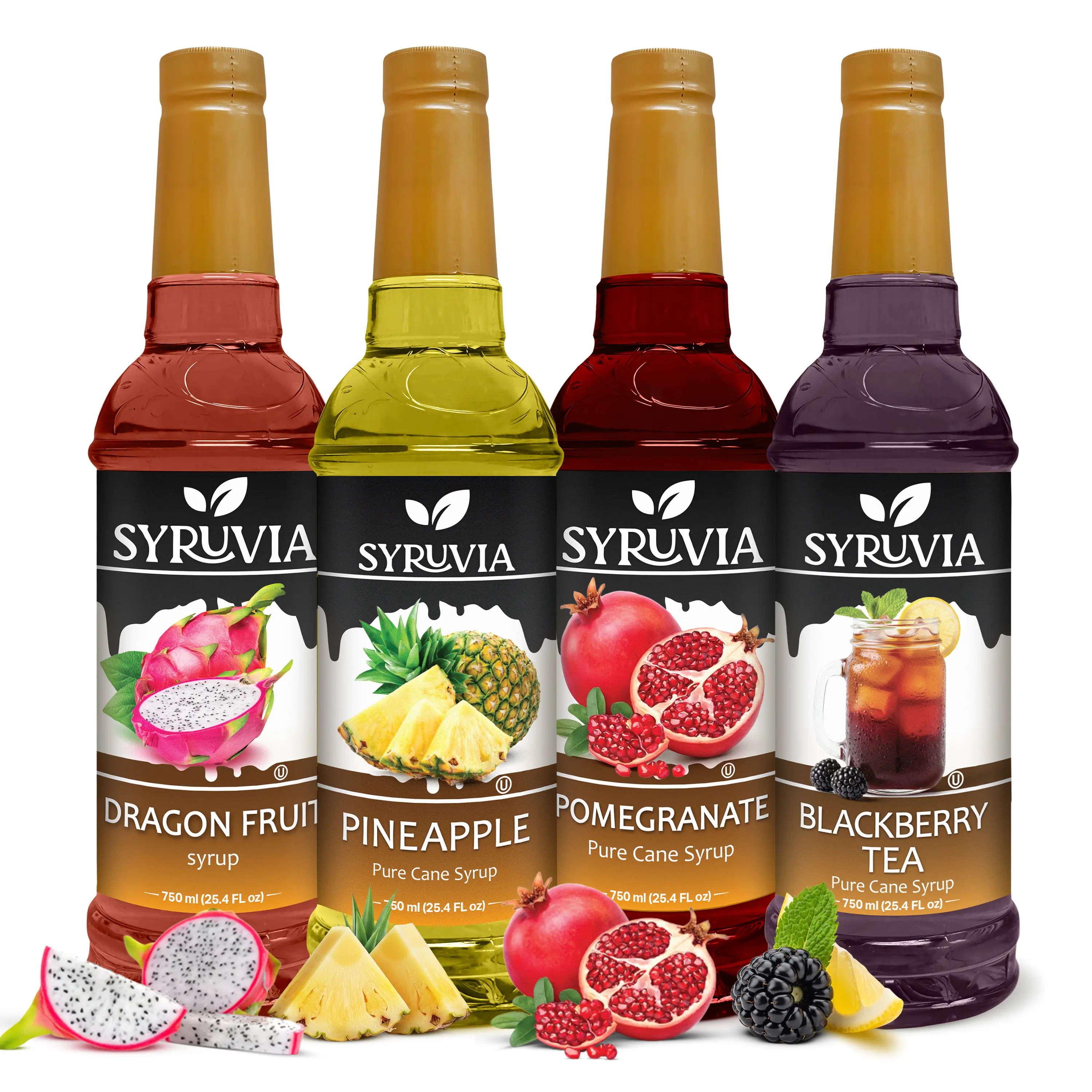 Syruvia Premium Variety Flavor Pack – Dragon Fruit, Pineapple, Pomegranate & Blackberry Tea Syrup – Perfect for Lemonades, Iced Tea, Cocktails & More – 25.4 Fl oz Bottles (4 Pack)