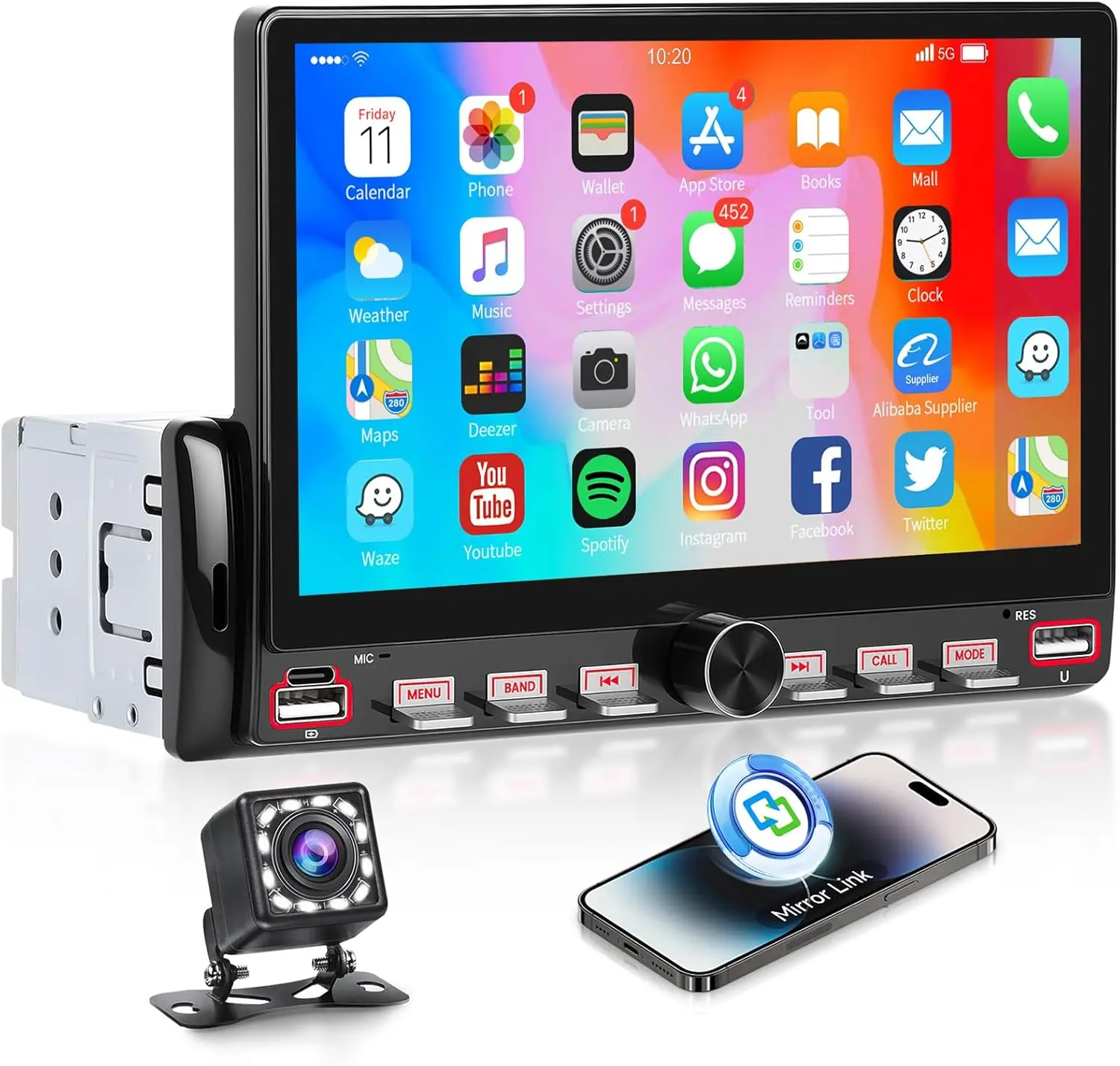 Single Din Car Stereo Media Player with 7" IPS Touchscreen, Bluetooth, iOS/Android Mirror Link, Piano Keys, Stereo with Camera, FM, USB, EQ, SWC, Summer Vibes Father's Day Gift