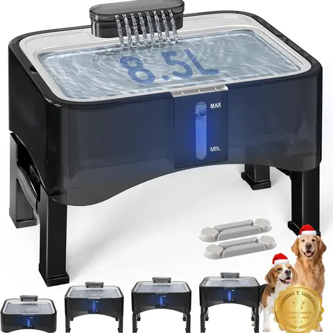 UPSKY 2026 New Elevated Resin Pet Water Dispenser Bowl, 8.5L (2.25Gal) 4-Adjustable Heights Dog/Cat Feeder with 304 Stainless Steel Tray, Ultra-Quiet Pump, 2 Filters, Anti-Tipping, Cervical Relief, Odor-Filtering, Easy Cleaning