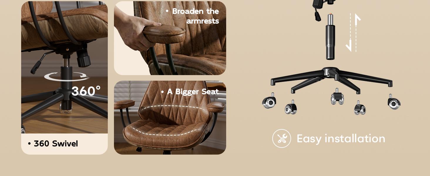 Adjustable Height Ergonomic Office Chair, 330LBS Load Capacity Leather Desk Chair with 90-120° Tilt, 360° Swivel & Silent Wheels, Rolling Computer Chair for Home & Office