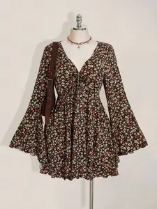 Autumn Floral Print Dress  Plus Size Back To School Look