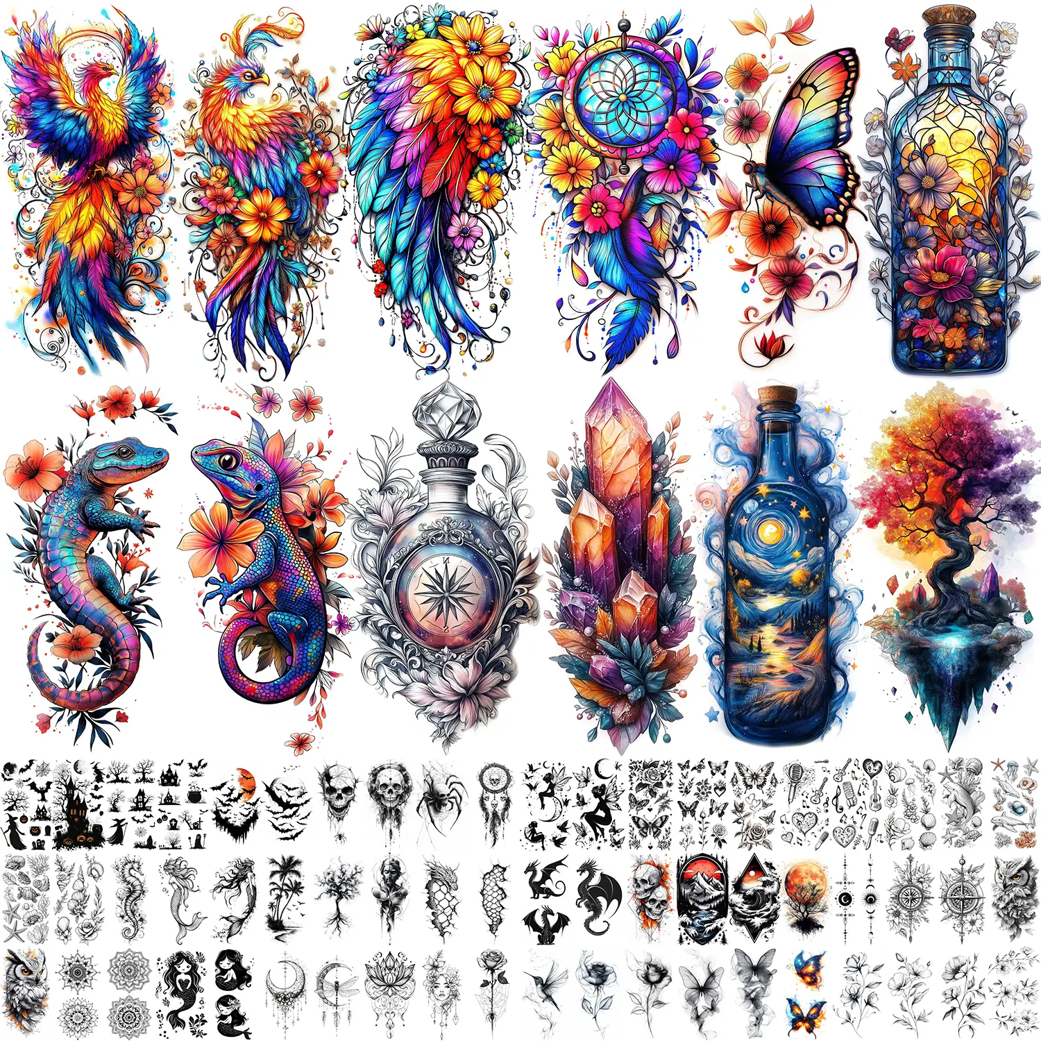 GLARYYEARS 72 Sheets Magic Bottle Temporary Tattoos for Women Adults – Galaxy Fantasy Tattoo Stickers with Crystals, Feathers & Phoenix Wings – Colorful Boho Waterproof Wear for Festival, Music Party, Beach Days