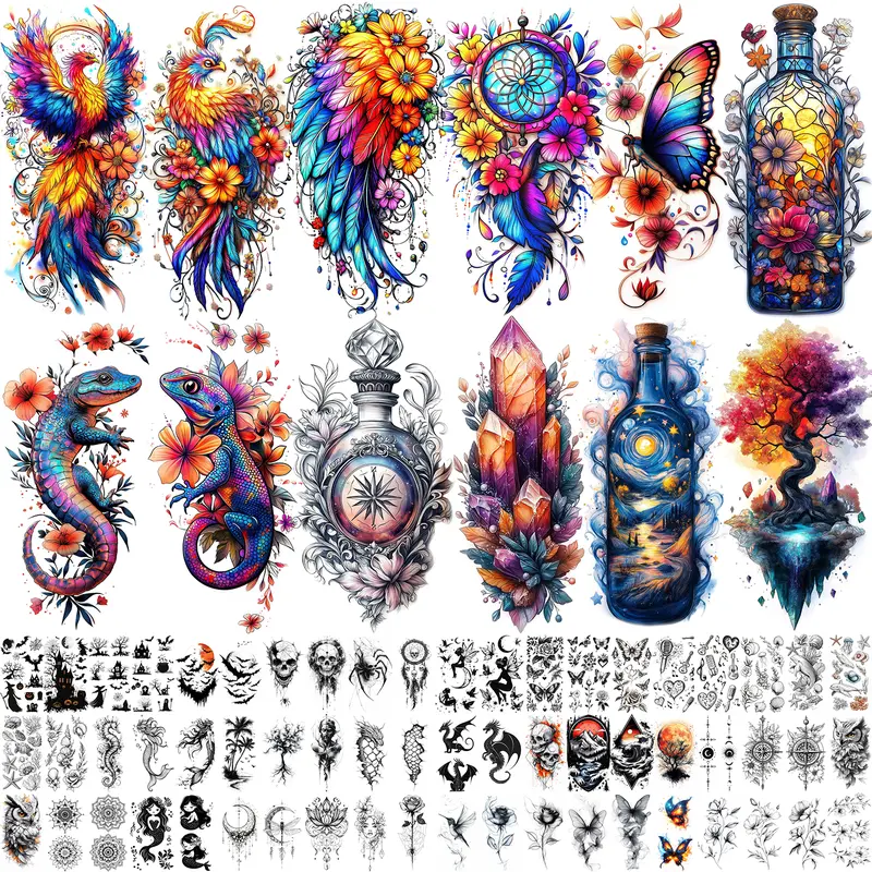GLARYYEARS 72 Sheets Magic Bottle Temporary Tattoos for Women Adults – Galaxy Fantasy Tattoo Stickers with Crystals, Feathers & Phoenix Wings – Colorful Boho Waterproof Wear for Festival, Music Party, Beach Days