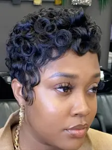 Curly Wave Wig Pixie Cut Wig for Women Human Hair Wigs Full Machine Made Wig 150% Density 6 Inch