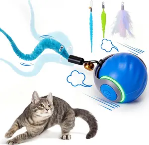Cat Toy Ball - Automatic Rechargeable Cat Enrichment Toy with 3 Tails & 2 Speeds for Indoor Cats - Blue