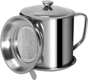 Bacon Grease Container with Strainer 1.25 L / 42 oz Strong Kitchen Catcher Food-grade Stainless Steel Cooking Oil Keeper with Lid and Easy-Grip Handle Suitable for Storing Frying Oil