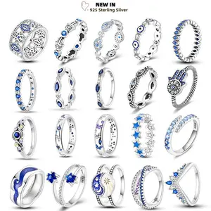 Hot Sales Blue Zircon Rings For Women 925 Sterling Silver Sparkling Evil eyes Palm Star Moon Original Ring Wedding Jewelry Gifts