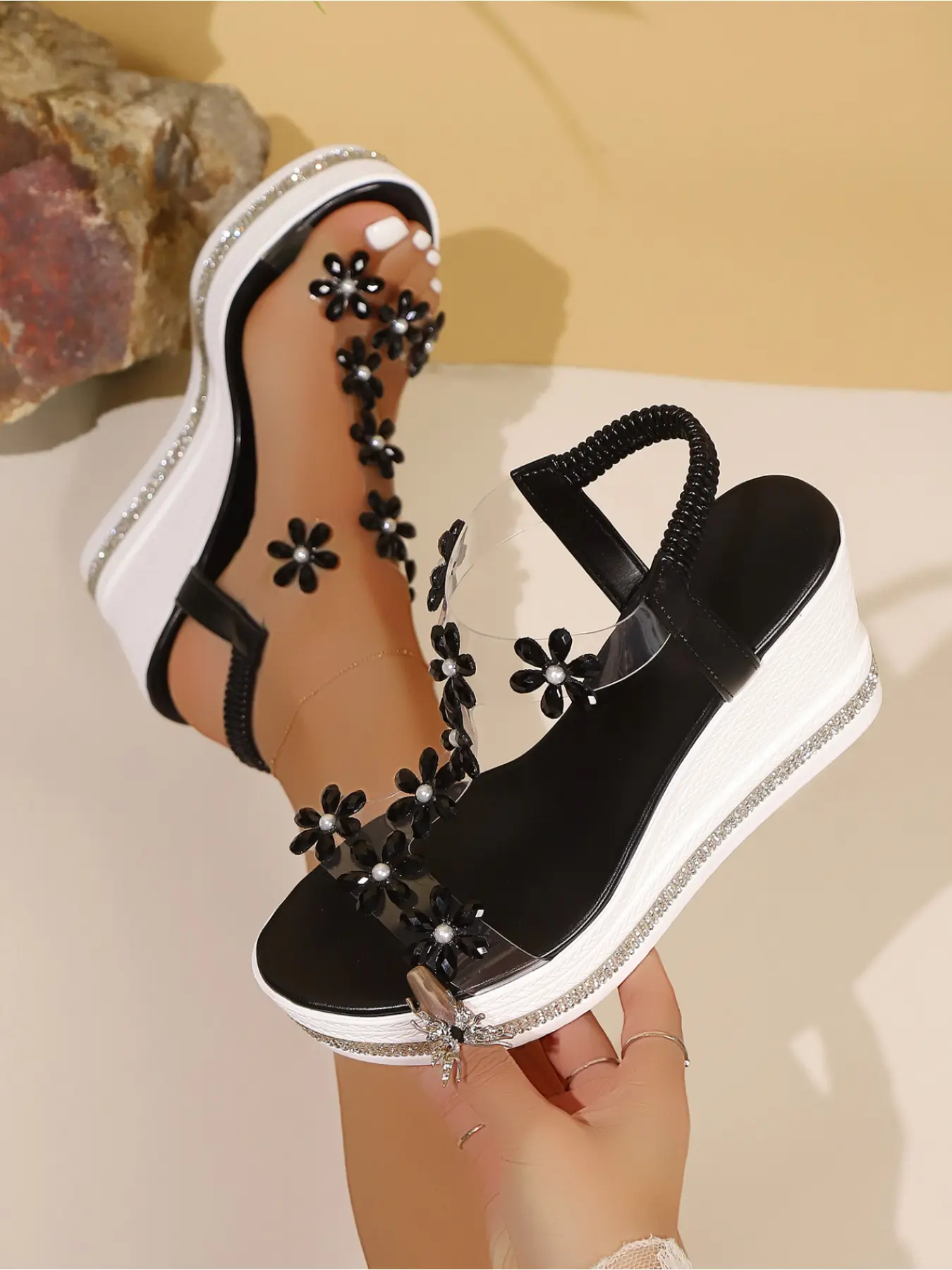 Summer new floral rhinestone and pearl decorated thick-soled sandals, open-toe, elastic back, wedge heel sandals for vacation, travel, parties, and daily wear, Fashionable Sandals, Floral Wedges