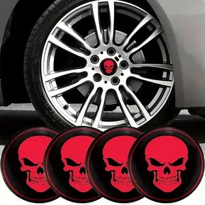4pcs Skull Wheel Center Decor Stickers, 2.2 Inch Metal Look, Block, Easy Install, Fits Cars Motorcycles Suvs, Trendy Visual Effect