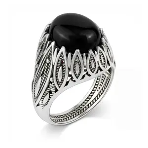 【HXS】925 Sterling Silver Onyx Ring Vintage Filigree Openwork Statement Ring for Men