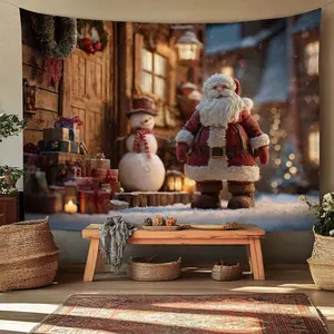 1pc Christmas Santa Wall Tapestry Festive Decoration Fabric for Living Room Bedroom Aesthetic Hanging Background Wall Ceiling Decor Santa and Snowman Design Cozy Winter Holiday Scene with Presents