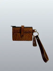 Brown Basketweave Leather Wristlet Wallet with 3 Card Slots Clear ID Window Secure Zip Top Pocket Detachable Wrist Strap & Brass Hardware