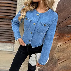 Women's Retro Blue Denim Jacket with Gold Buttons Casual Vintage Washed Cropped Jean Outerwear for Everyday Wear Chic Fitted Long Sleeve Minimalist Crewneck Basic Tops - Womenswear