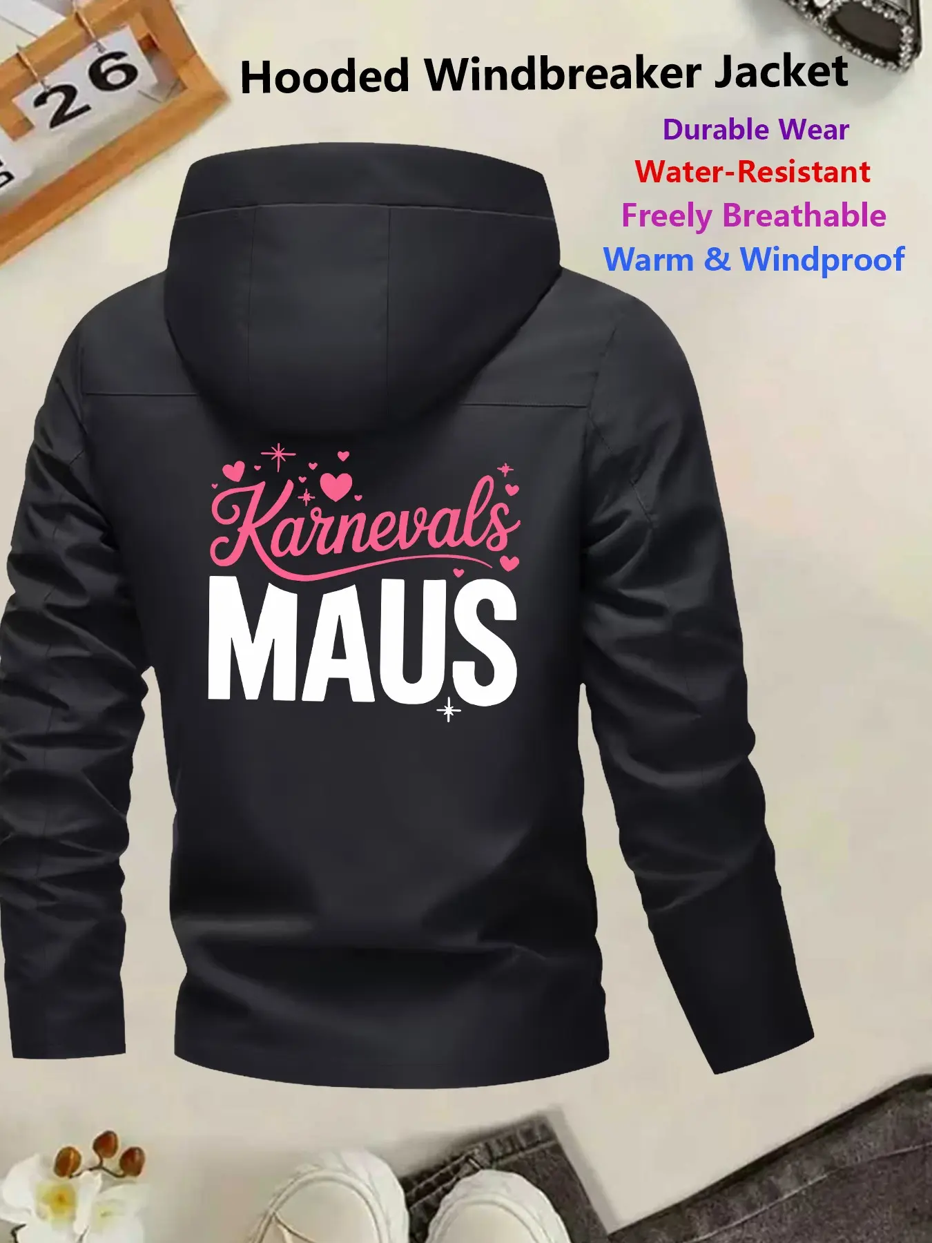 Cute Carnival Style Women's Hooded Windbreaker Jacket Back Karnevals MAUS Heart Star Print Windproof Coat Water-Resistant Breathable Versatile for Young Girls Festival Outings Daily Commute in Spring Autumn Winter