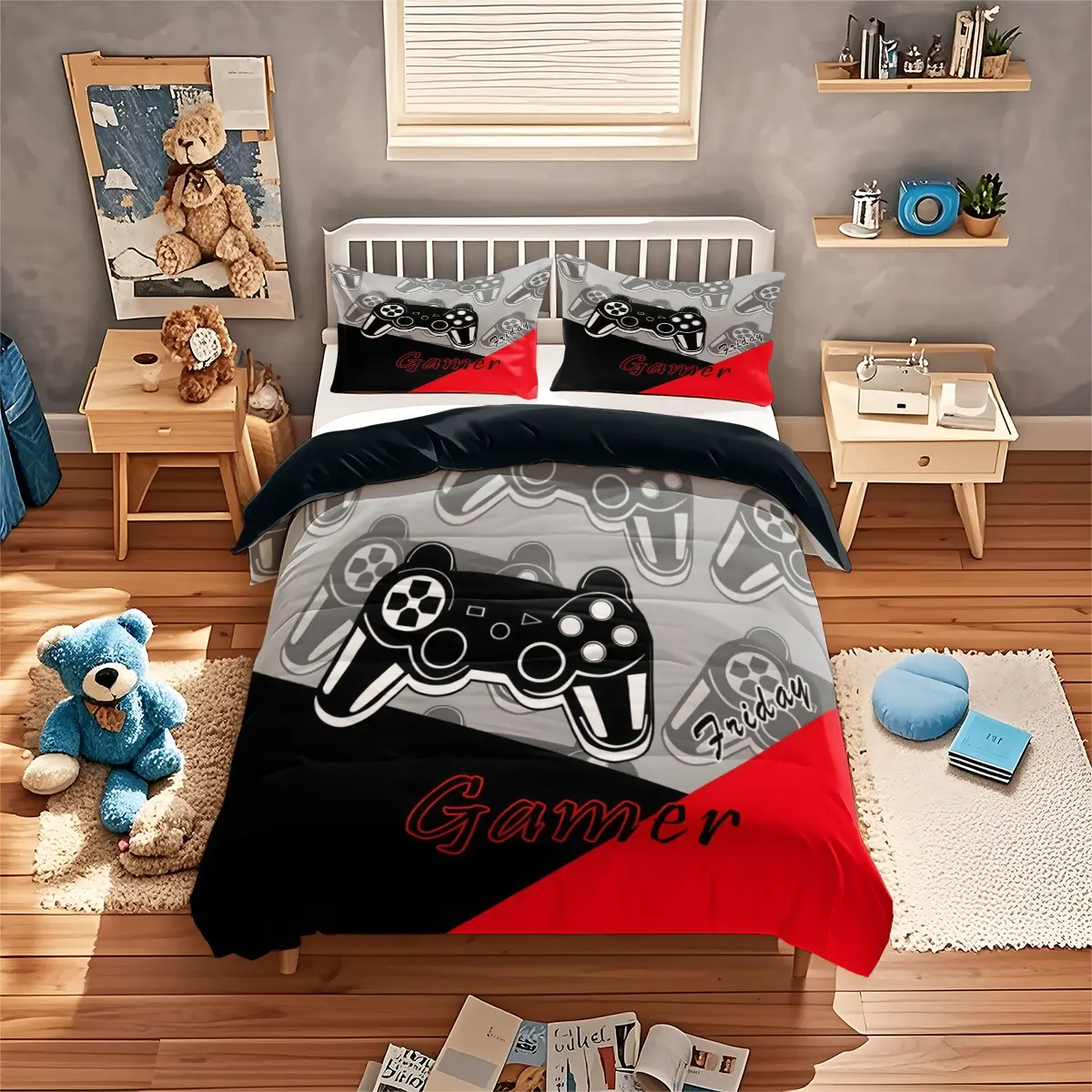 Three-piece game console pattern bedding set, Bed Sets Supplies, including a bedspread and two pillowcases (without mattress pad), suitable for bedrooms and guest rooms, various sizes, 100% polyester, machine washable