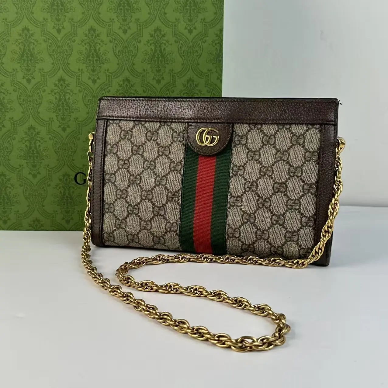 Pre-owned GUCCI Ophidia GG Supreme Canvas Chain Wallet On Crossbody Bag