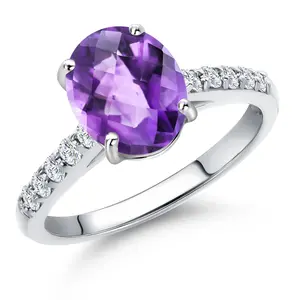 Gem Stone King 10K White Gold Gemstone Birthstone and White Lab Grown Diamond Accent Engagement Ring For Women | Oval 9X7MM and Round 1.7MM | Wedding Anniversary Promise Ring | Sizes 5, 6, 7, 8, 9