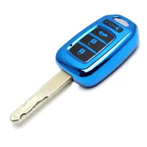 iJDMTOY For Honda 2016-2021/22 Civic Accord HR-V, 2016-2022 CR-V 4-Button Blade Key Glossy Blue Finish TPU Key Fob Protective Case w/Face Panel Cover