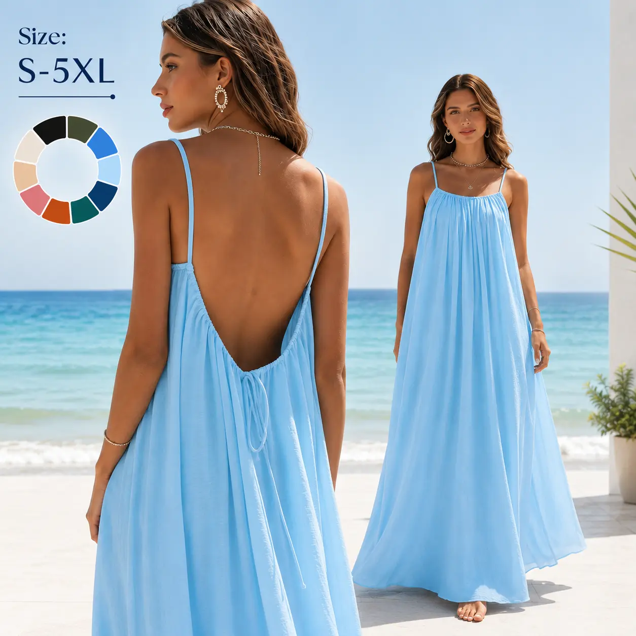Women's Solid Color Cami Lounge Dress, Elegant Sleeveless Long Dress for Summer, Ladies Sleepwear for Indoor Wear Casual Vacation Backless Sundress, Boho Summer Cover Up Resort Wear