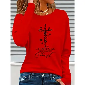 Women's 100% Cotton Long Sleeve Basic T-Shirt - Smooth Fabric, Printed "Christmas Begins With Christ" Graphic, Faith-Based Festive Top, Regular Fit, for Casual Daily Wear & Christmas Gatherings