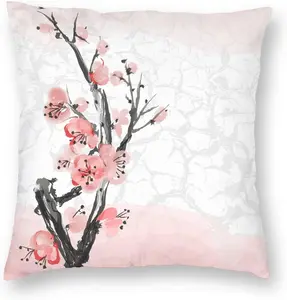 Japanese Cherry Blossom Decorative Throw Pillow Cover, 18x18 Inch Floral Cushion Case for Sofa, Bedroom, Living Room Decor