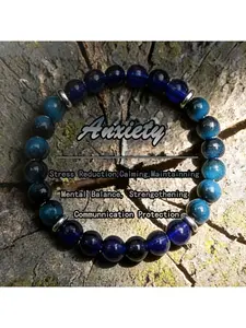 Natural Blue Crystal Calming Bracelet, Elastic Beaded Bracelet with Silver Spacers, Emotional Balance & Anxiety Relief Jewelry for Daily Wear