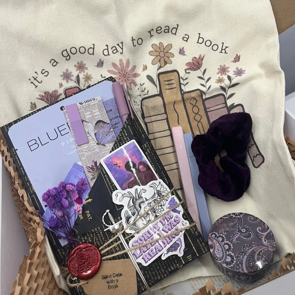 Bookish Gift Box - A Blind Date with a Book & Self Care Goodies Bundle Tote with Face Mask Bookmark Highlighters Tea Candle Scrunchie and Stickers for
